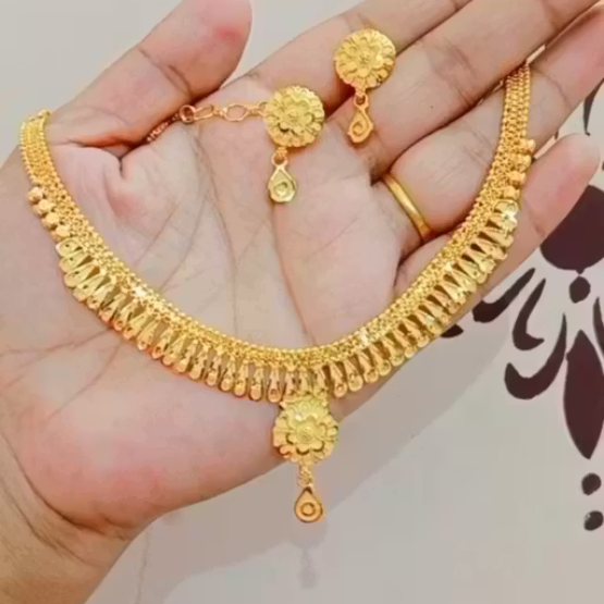 New One Gram Gold Polish Traditional Necklace Set with Matching Earrings | Designer Floral Pendant Gold Plated Jewelry Set for Women & Girls | Lightweight Wedding & Festive Wear
