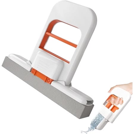 Mini Foldable Desktop Mop, Portable Cleaning Sponge, White, One-Hand Squeeze Handle, Replaceable Head, Wet/Dry Use for Bathroom Kitchen Glass
