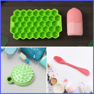 Premium 4-in-1 Skincare & Haircare Combo - Silicone Face Scrubber, Ice Roller for Face, Honeycomb Ice Tray & Scalp Massager Brush